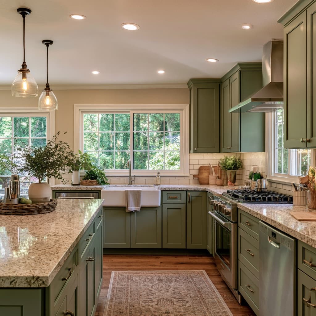 Remodeled kitchen with sage green shaker cabinets, granite island, farmhouse sink and stainless steel appliances